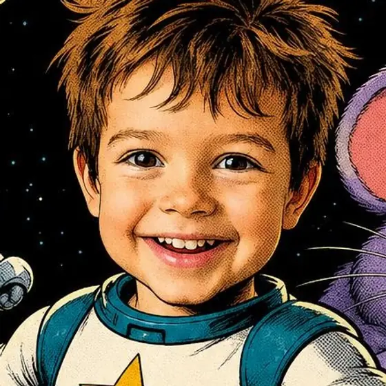 The same child drawn as the comic hero
